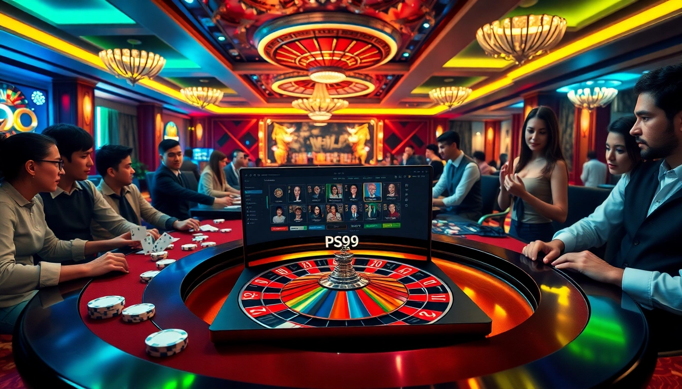 Players engaging at a luxurious PS99 COM online casino with roulette and poker elements.
