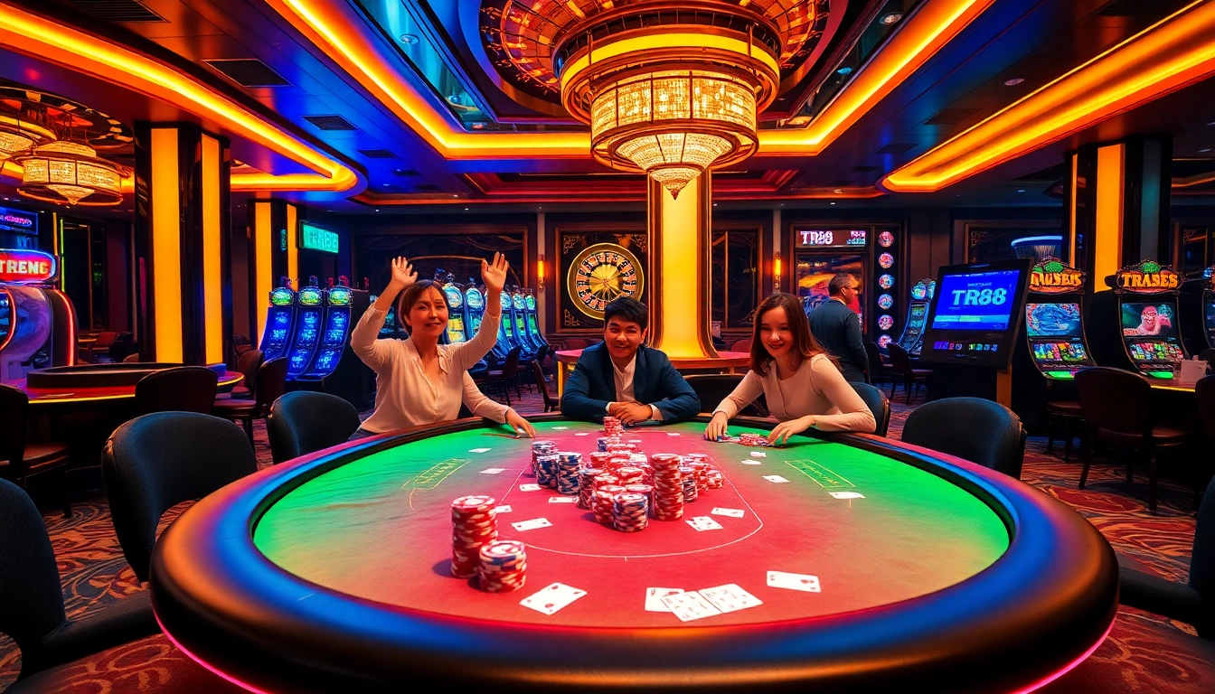 Players engaging at a poker table with TR88 signage, showcasing colorful chips and vibrant casino energy.