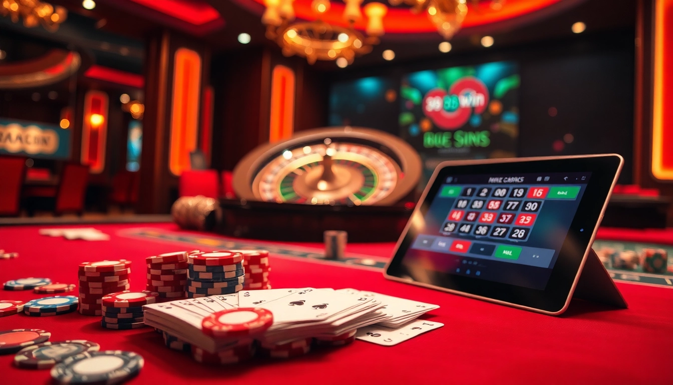 Engage in thrilling gameplay at https://98wincom.best/ with a vibrant casino scene filled with poker chips and a roulette wheel.