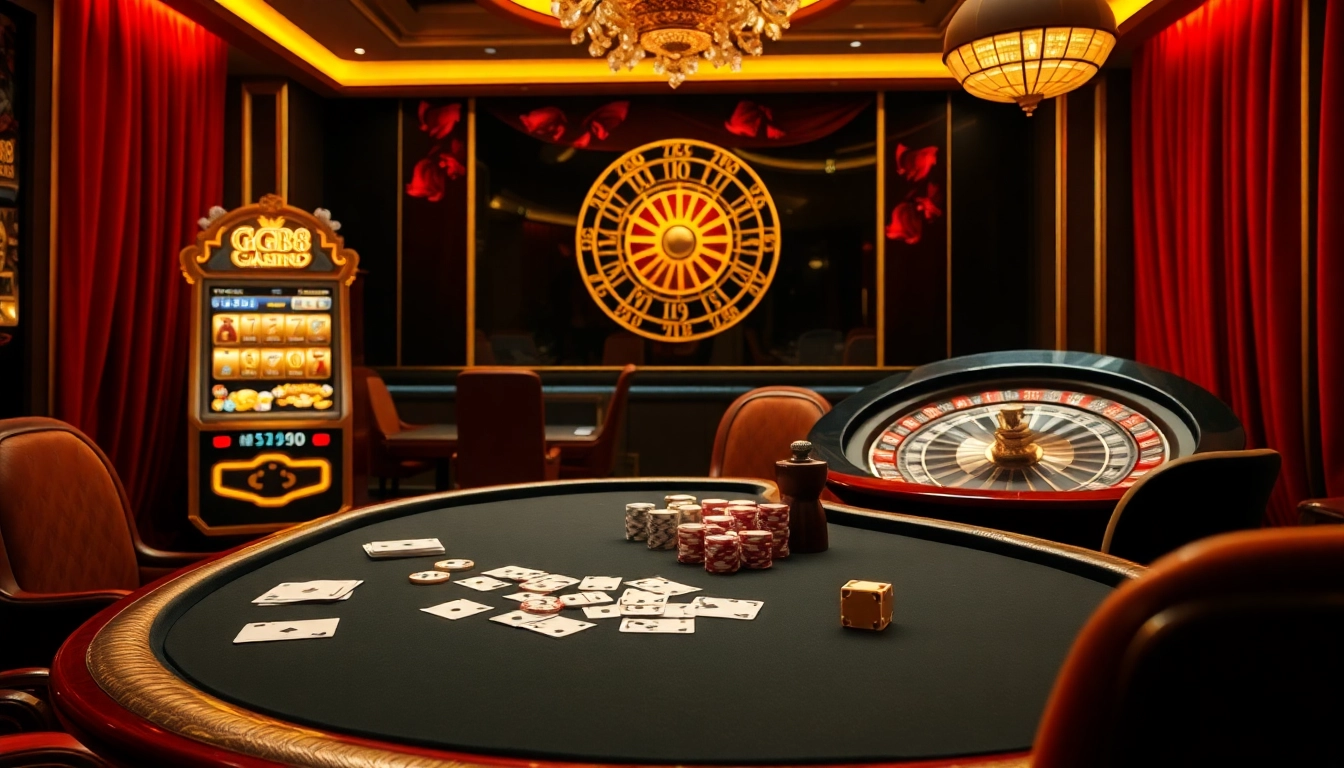 Experience GG88 with thrilling casino visuals featuring an elegant poker table and vibrant slot machines.