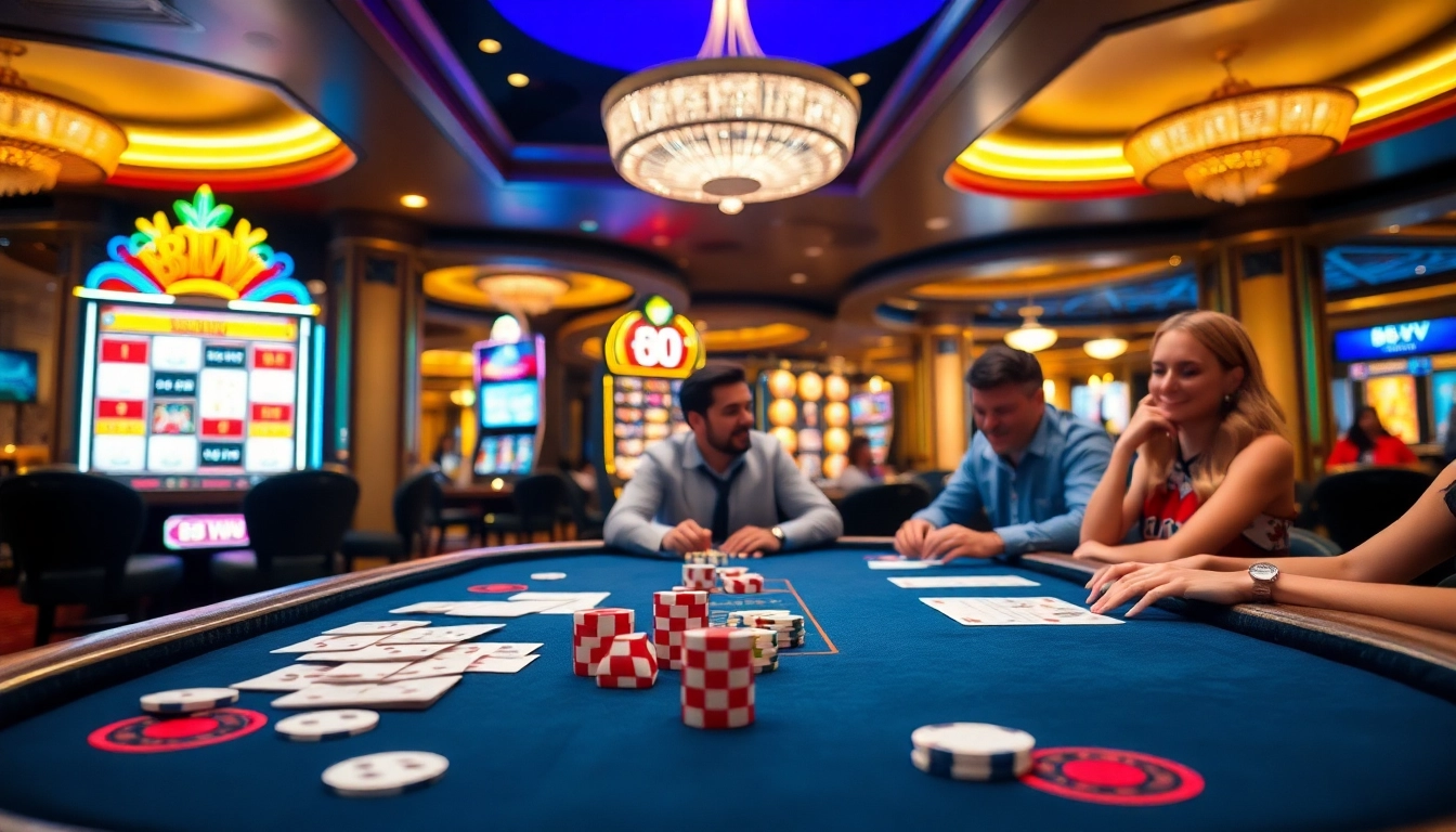Players enjoying an exciting game at 88vv casino table surrounded by vibrant slot machines.