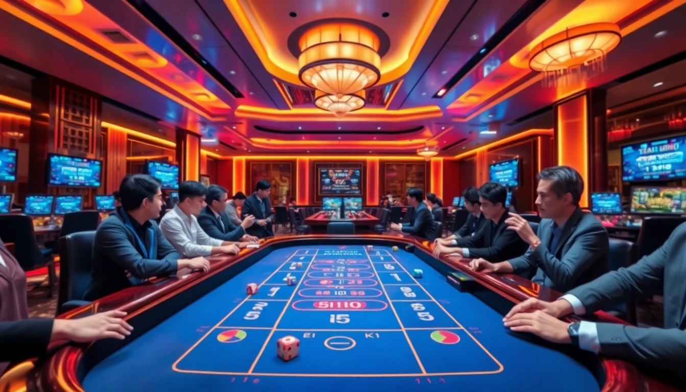 Players engaging in a thrilling Tài Xỉu MD5 game in a modern casino setting.