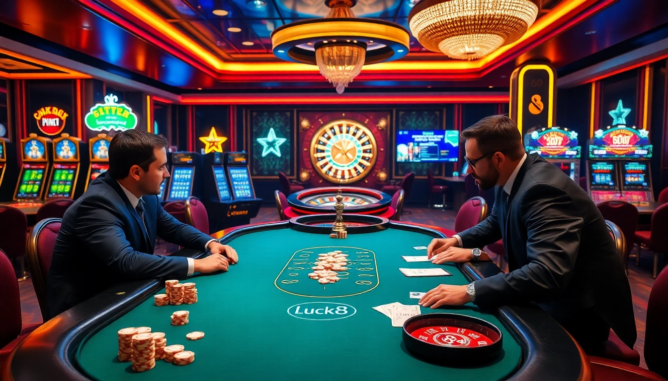 Players enjoying a thrilling game of Luck8 poker in a luxurious casino setting.