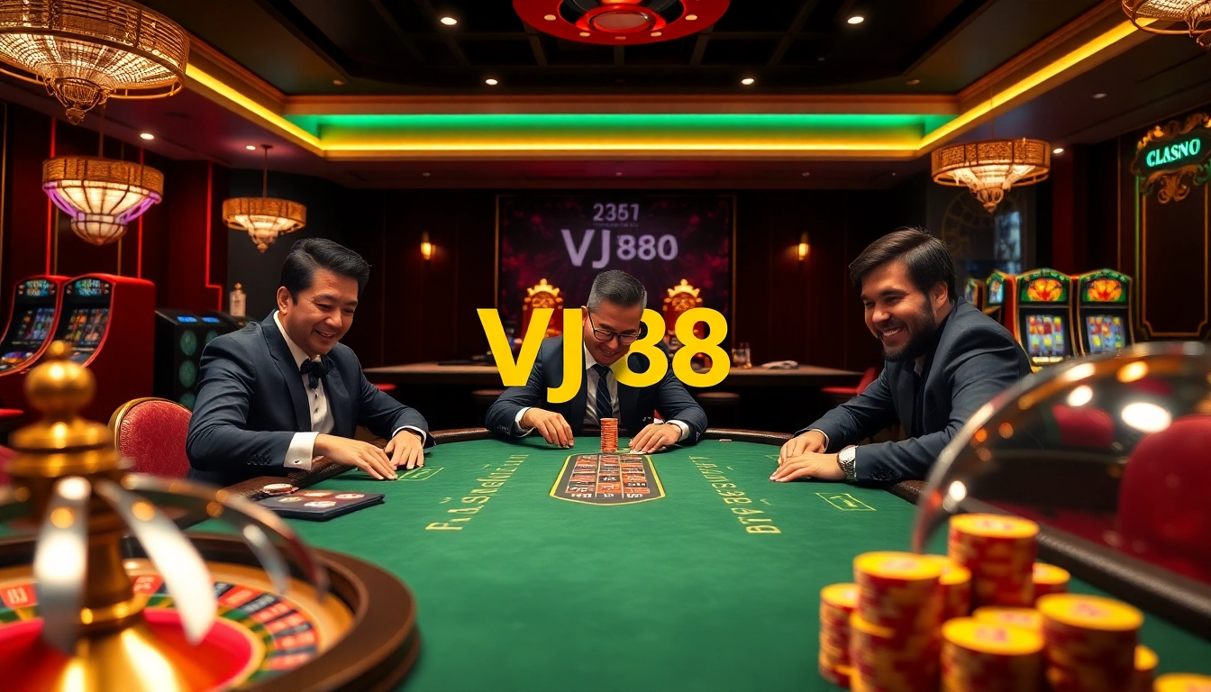 Witness the excitement of VJ88 at a vibrant casino poker table with focused players.