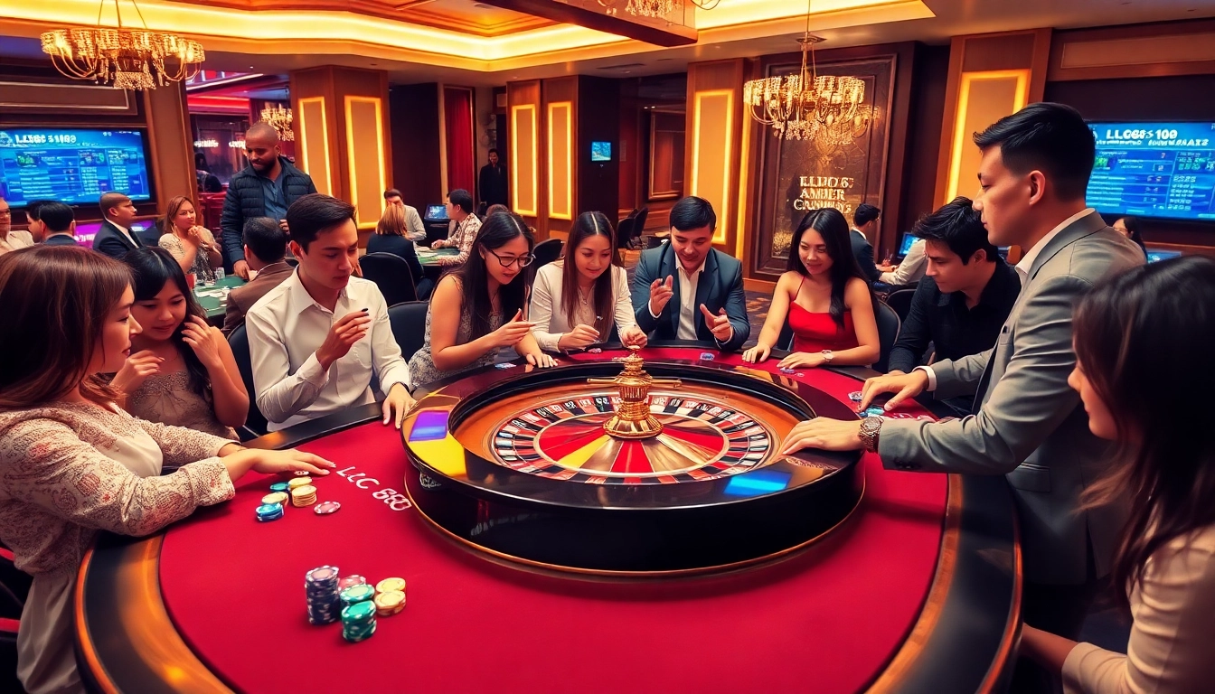 Players enjoying Lc88 casino games at a luxurious roulette table with vibrant décor.