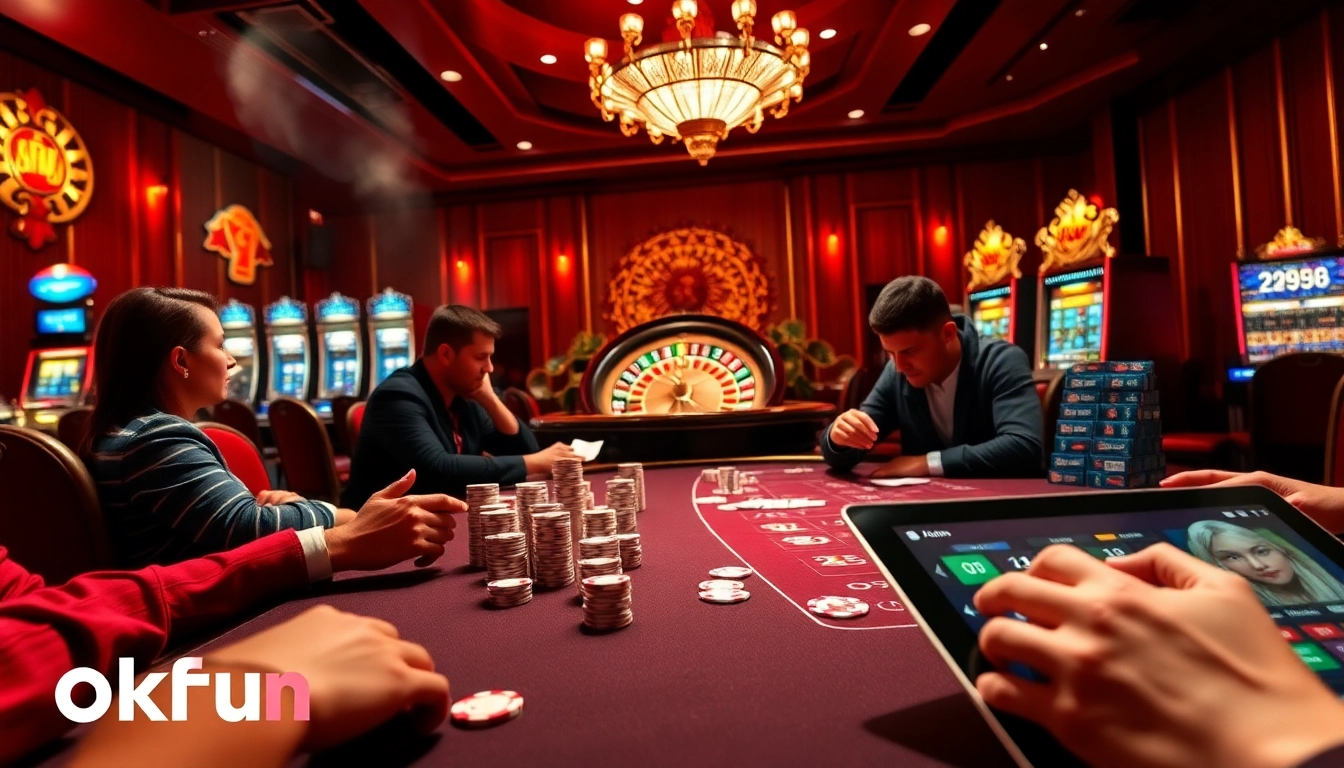 Experience thrilling poker action at okfun casino with vibrant chips and cards in an exciting atmosphere.