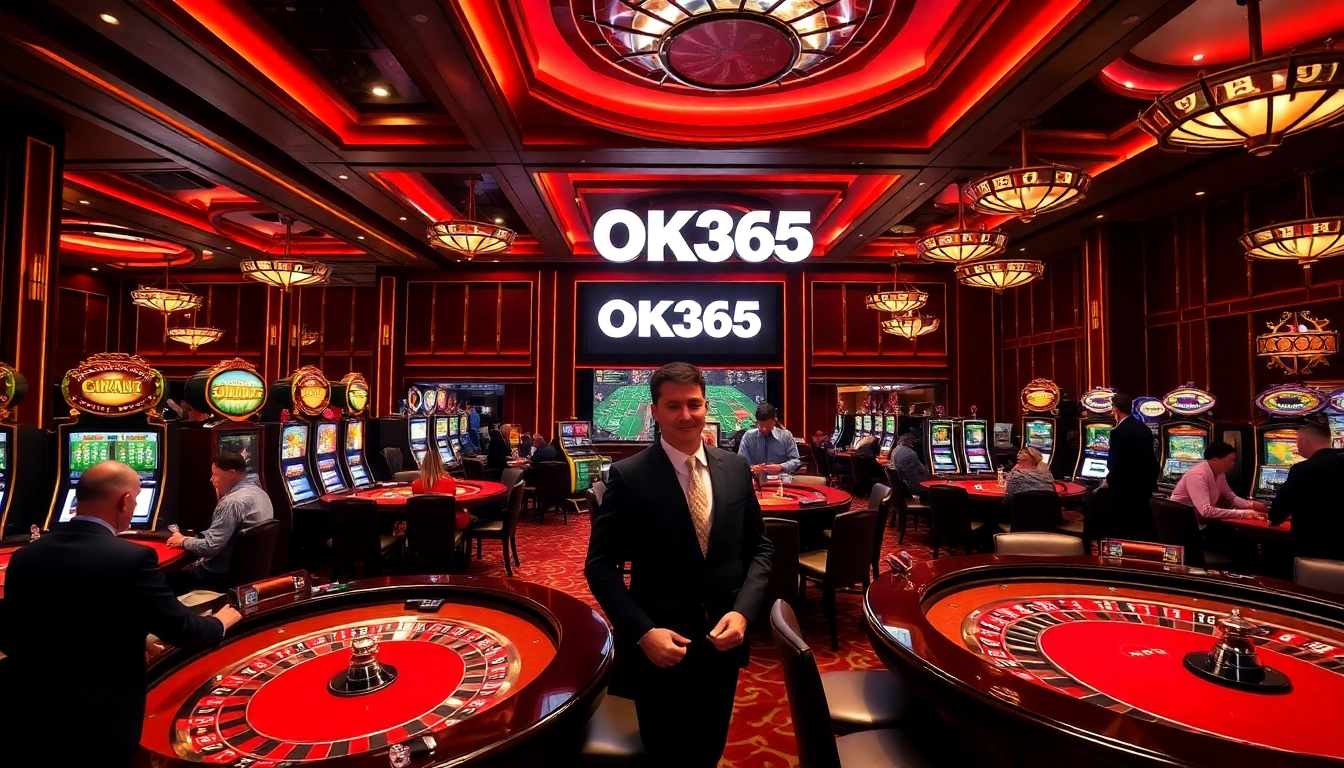 Experience the thrill of gambling at OK365's vibrant casino atmosphere with players at exciting tables.