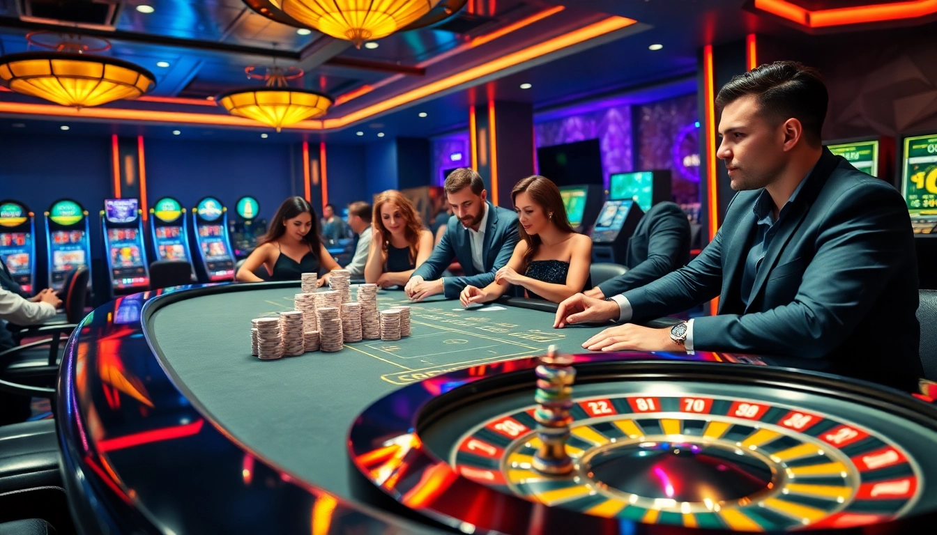 Engage with high-stakes poker at bem88's luxurious casino, featuring vibrant chips and roulette action.