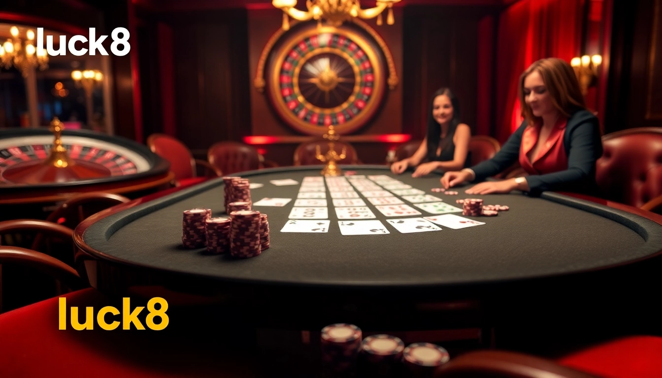 Players enjoying an exciting game at a luxury casino table at luck8.