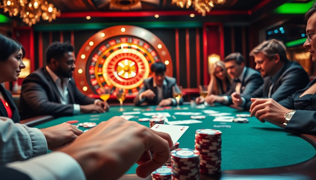 Thrilling poker action at 98win casino with vibrant chips, cards, and a roulette wheel.