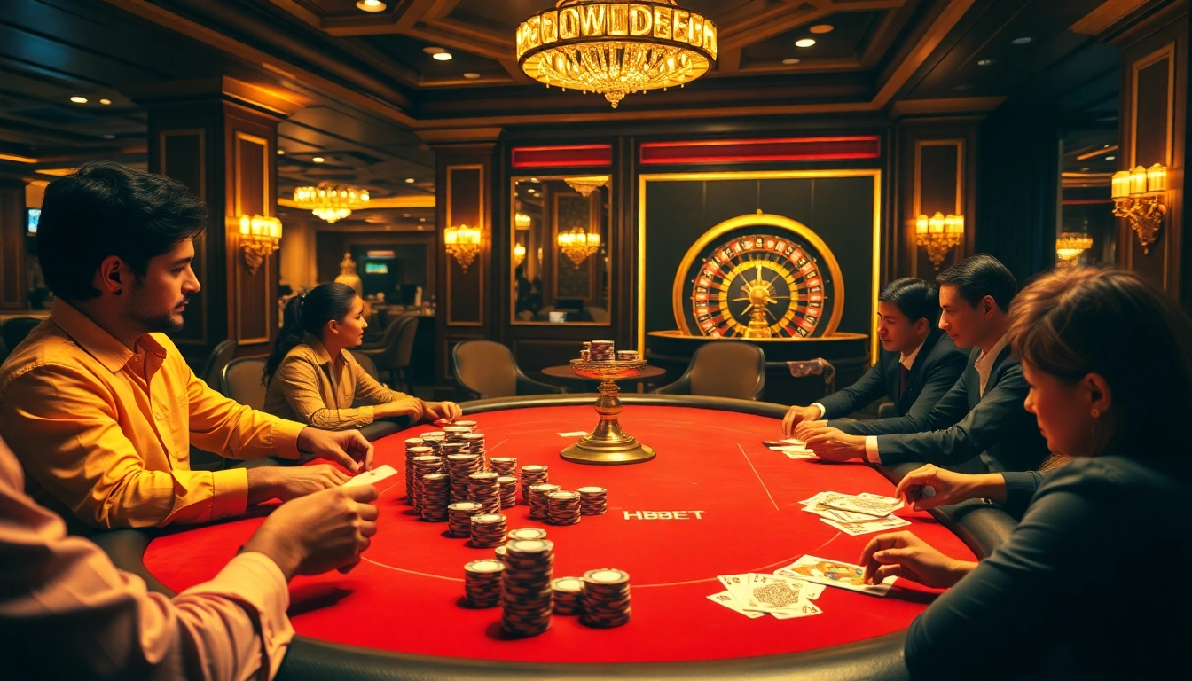 HBBET players enjoying an intense poker game at a vibrant casino table.