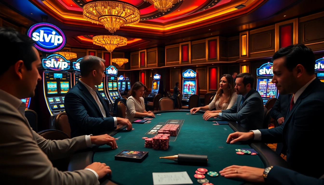 Experience high-stakes gaming at SLVIP casino, featuring poker tables and vibrant slot machines.