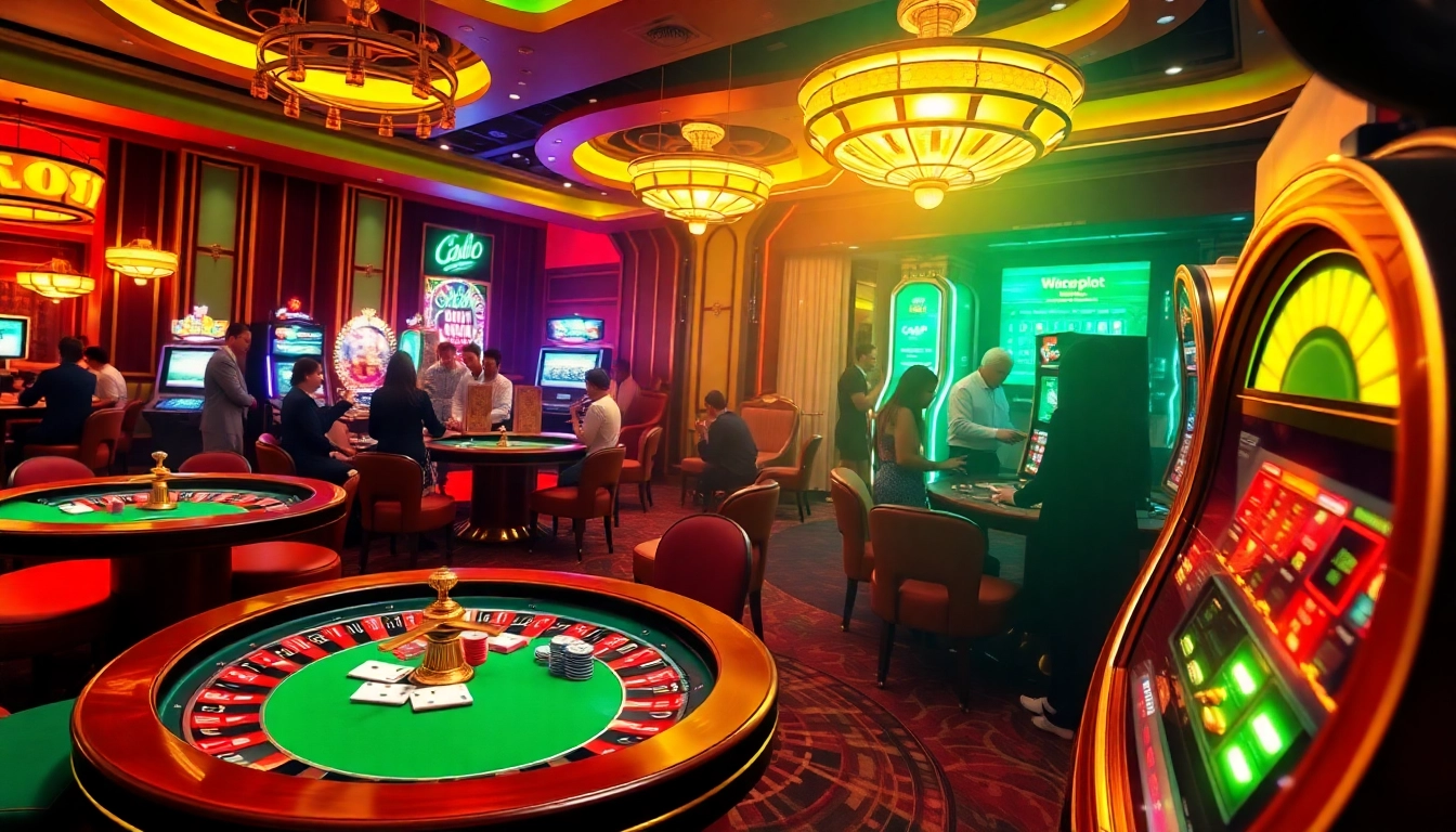 EE88 casino atmosphere filled with lively players at poker tables, roulette wheel, and slot machines.