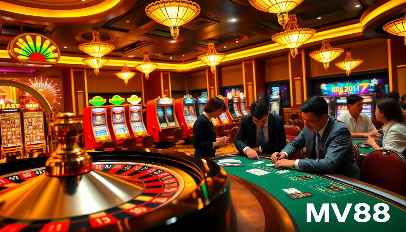 Players enjoying high-stakes games at MV88 casino, vibrant lights and excitement in the air.