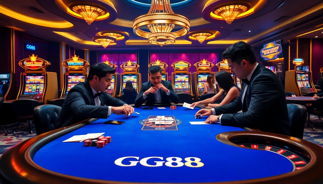 Winning at GG88 casino with poker chips and illuminated slot machines in a luxurious setting.