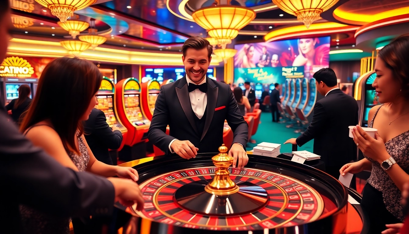 Players enjoying an exciting RR88 casino experience at a vibrant roulette table with a professional dealer.