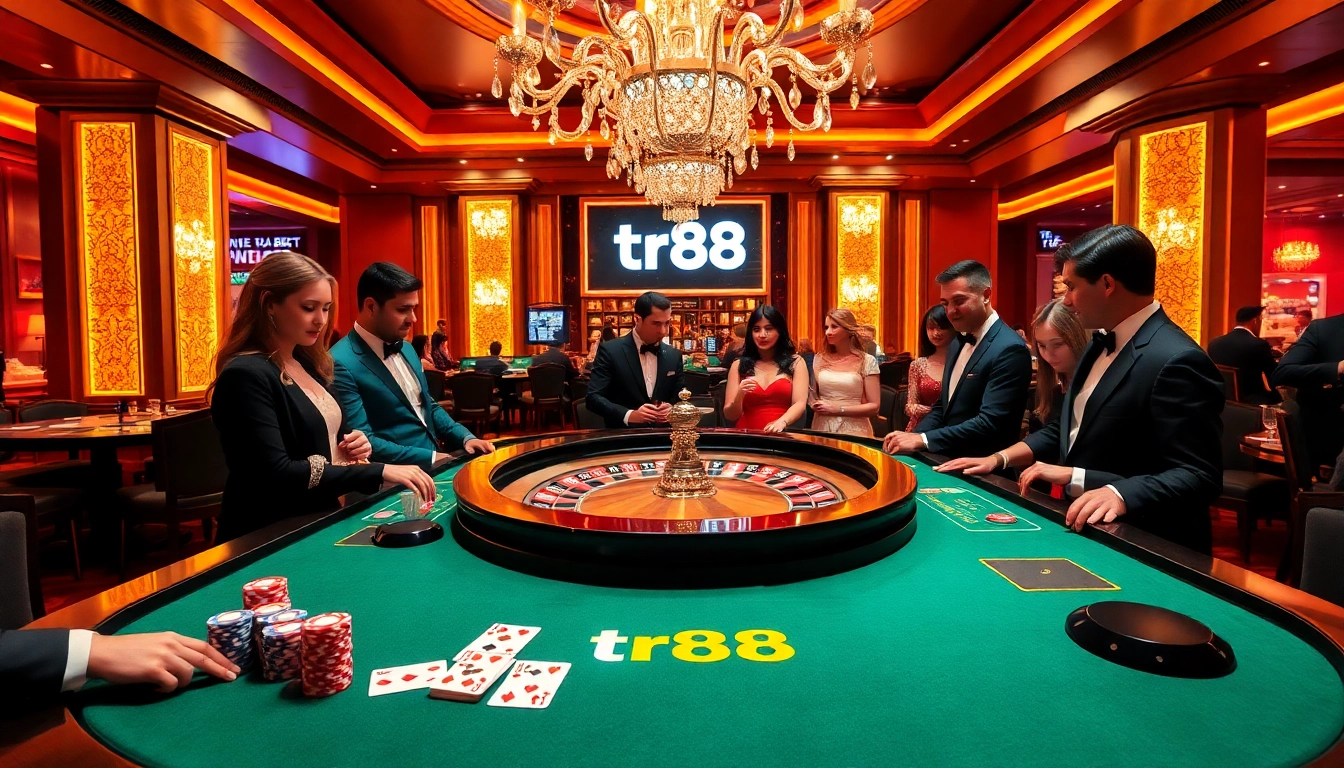 Gamblers experiencing high-stakes action at a luxurious casino roulette table with tr88 elements.