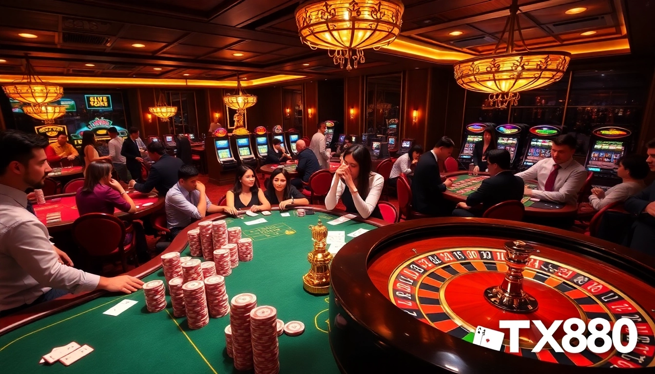 Engaging gamblers at a luxurious TX88 casino with vibrant tables and roulette.