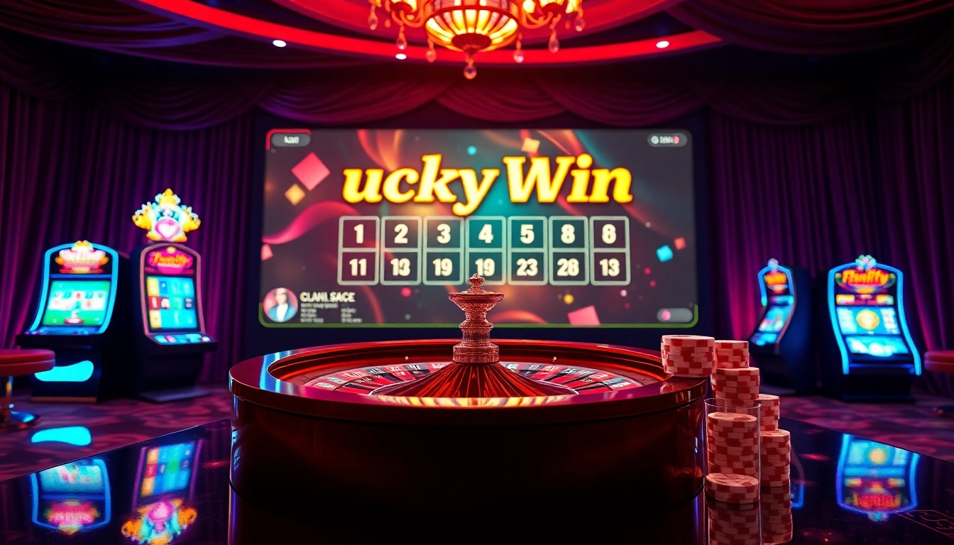 Engaging layout of luckywin lottery with colorful gambling elements like a roulette wheel and slot machines.