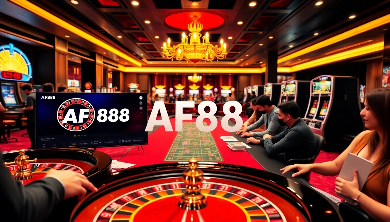 AF88 captivating online casino scene with poker tables, roulette wheels, and vibrant gaming atmosphere.