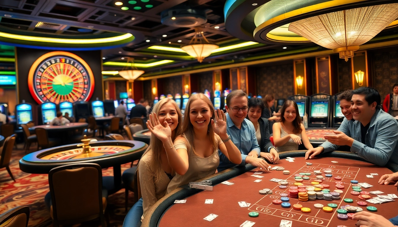 Excited gamblers enjoying games at an i9bet casino, showcasing poker chips and roulette action.