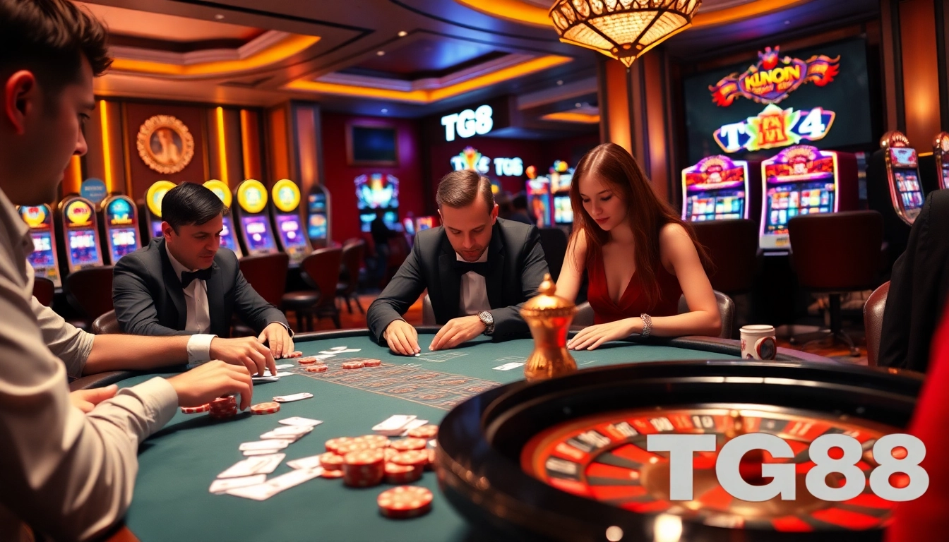 Players enjoying a thrilling poker game at TG88's luxurious casino, highlighting chips and cards.