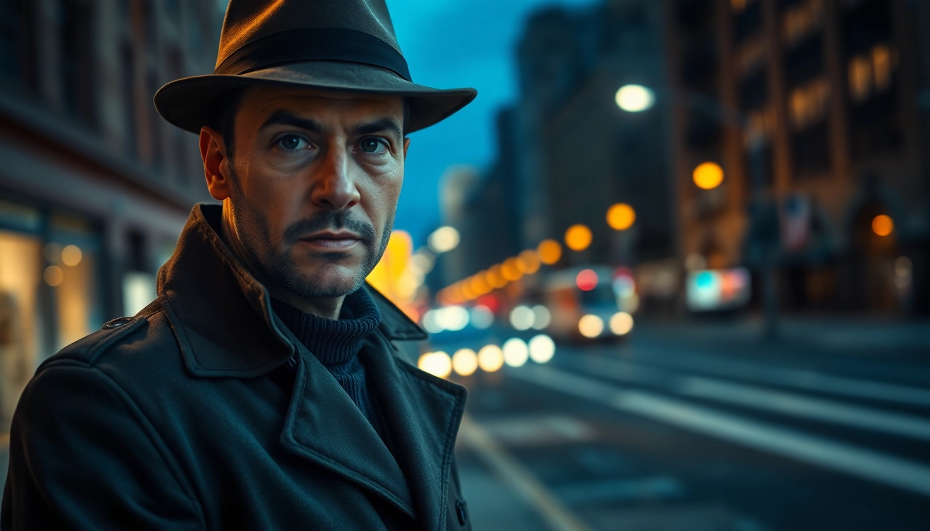 Private investigator analyzing evidence on a nighttime city street corner.