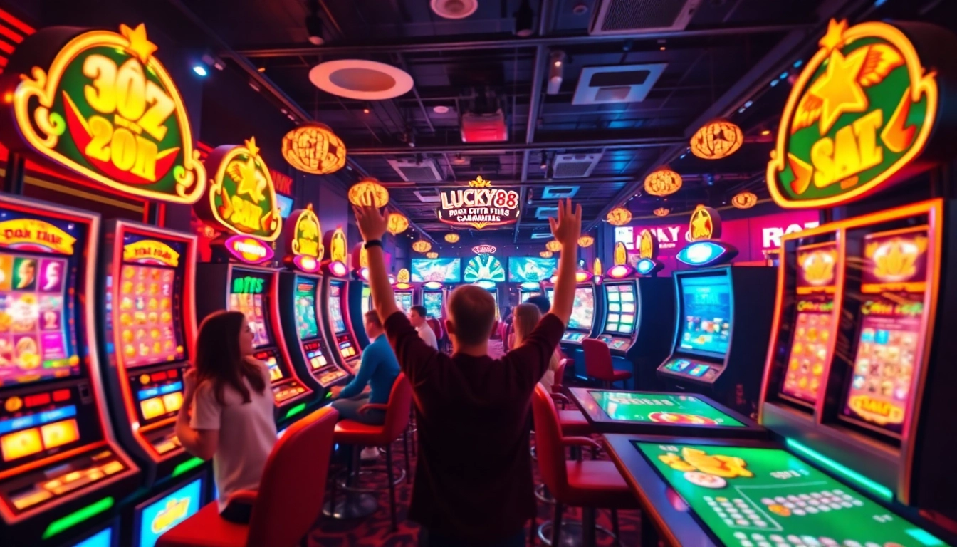 Exciting Lucky88 online casino scene with vibrant slot machines and happy players engaging in thrilling gameplay.