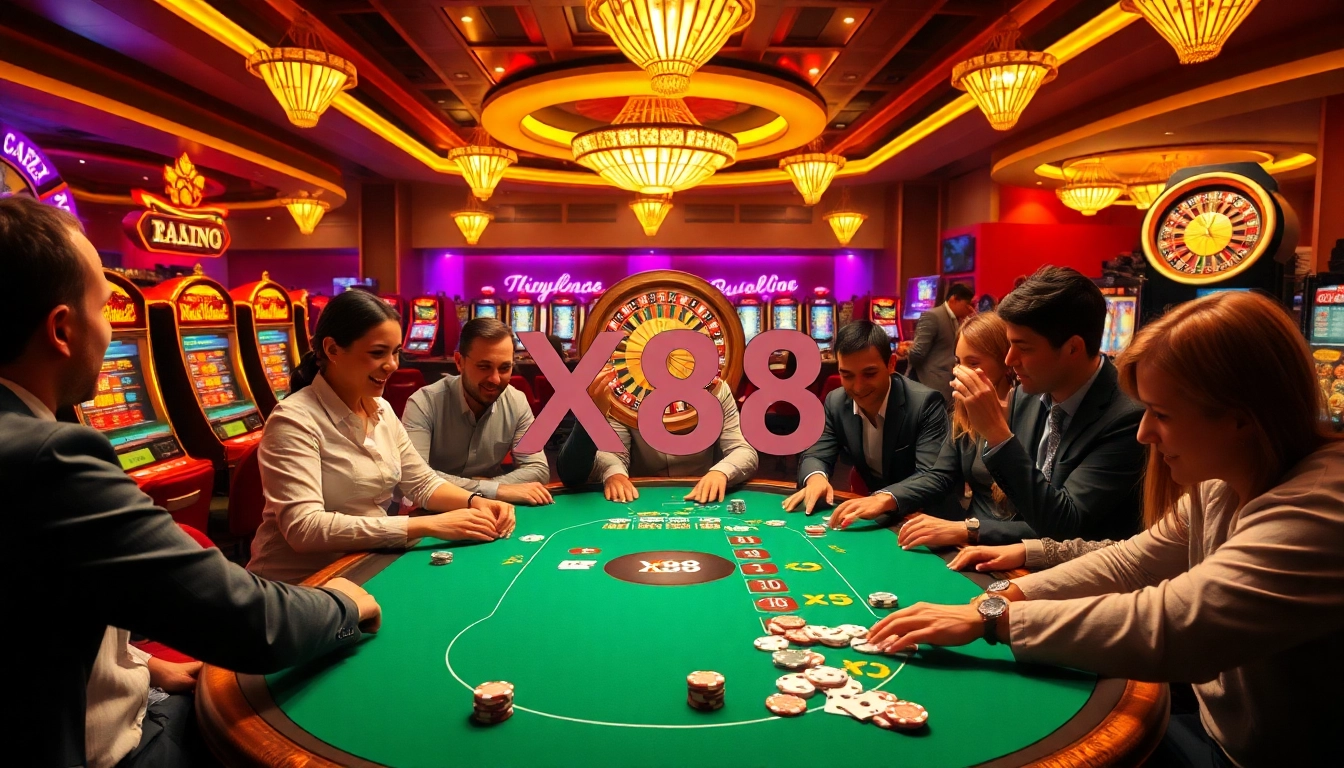 Experience high-stakes poker action at an X88 casino table with vibrant gaming elements.