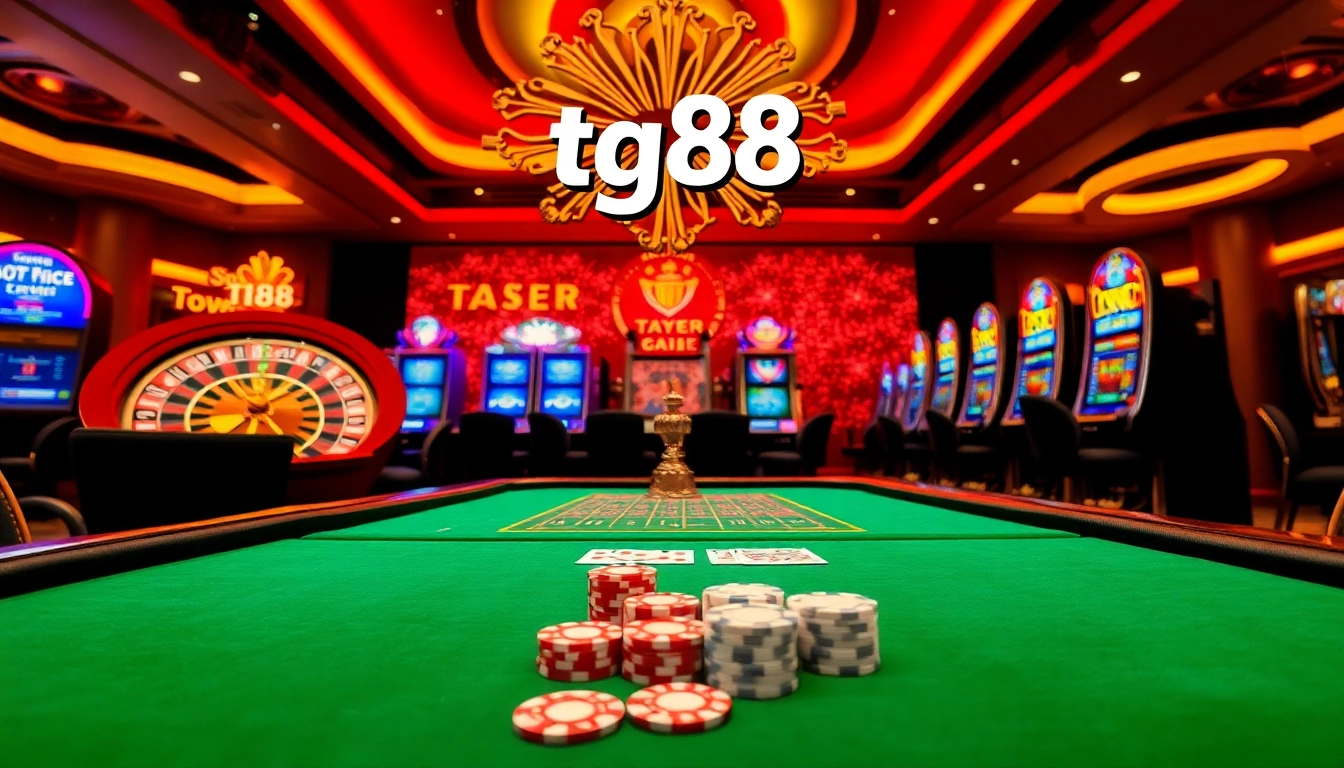 Experience the thrill of gambling with tg88 at a vibrant casino scene featuring roulette and poker tables.