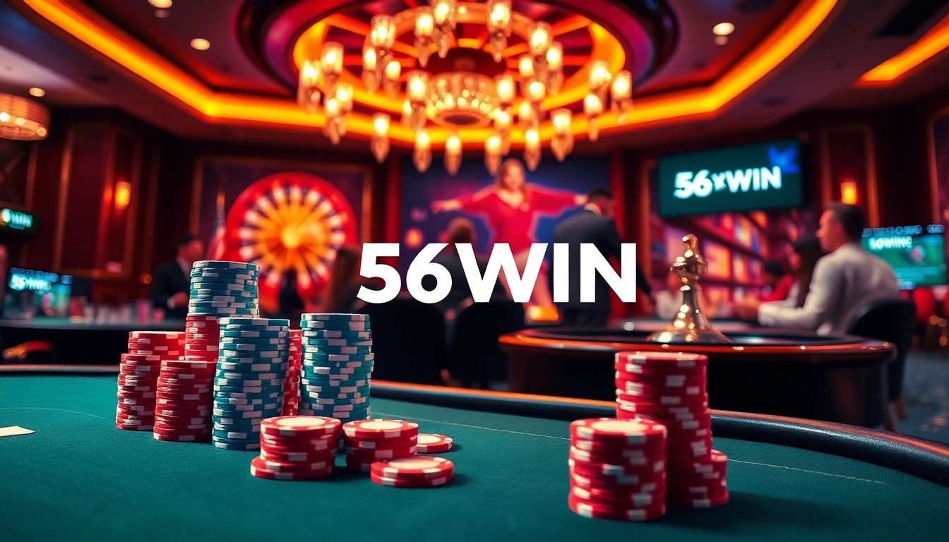 Betting excitement at 56WIN casino with vibrant poker chips and casino tables.