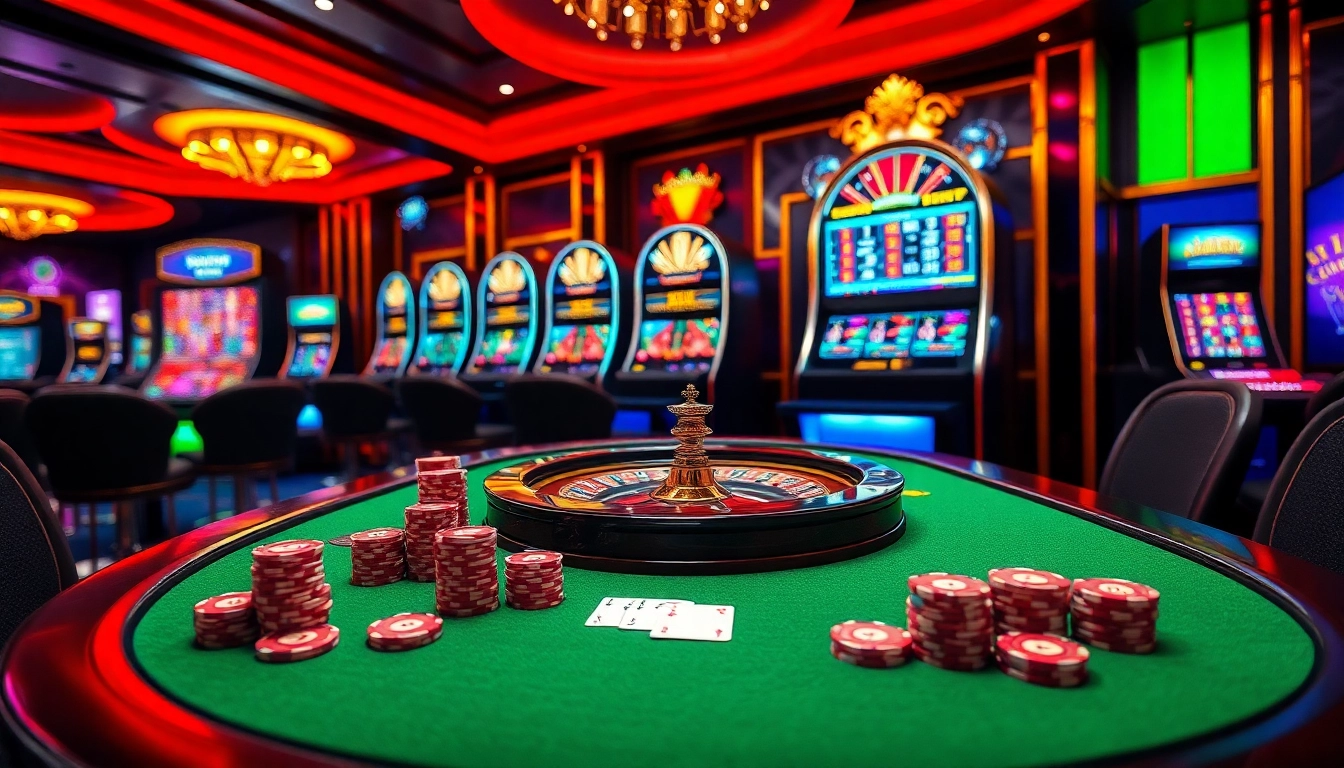 Exciting casino scene with poker chips and thabet77-themed decor, highlighting a professional gambling atmosphere.