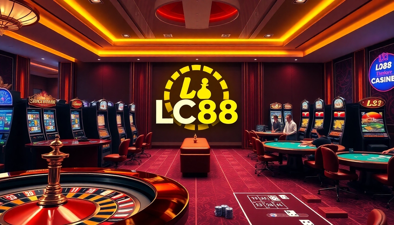 Exciting LC88 online casino scene with roulette wheel, poker chips, and players enjoying games.