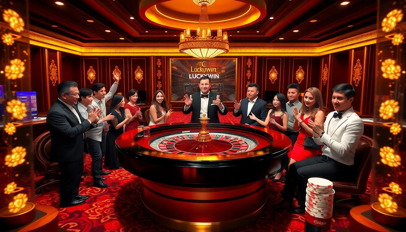 Experience the thrill of winning at Luckywin's elegant roulette table with cheering players and vibrant casino elements.