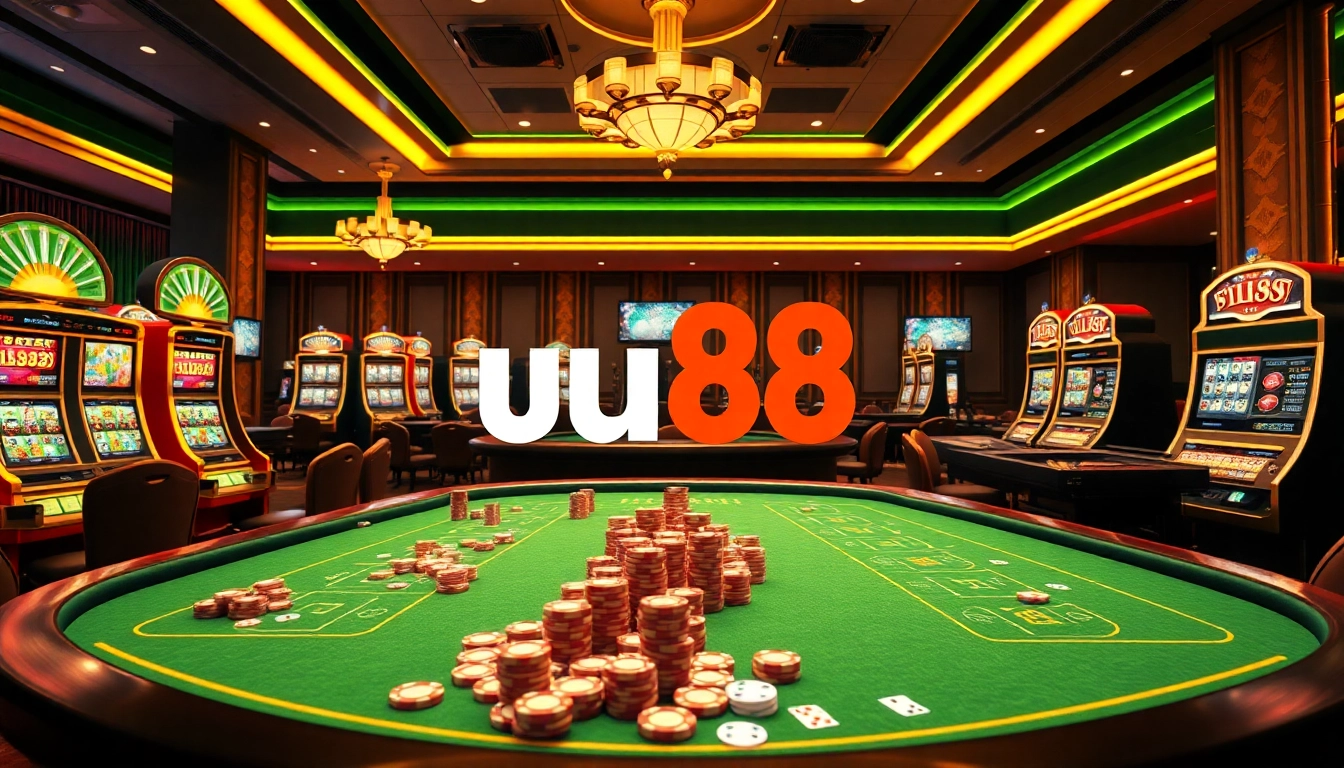Experience the thrill of online gambling with uu88 featuring vibrant casino tables, cards, and slot machines.