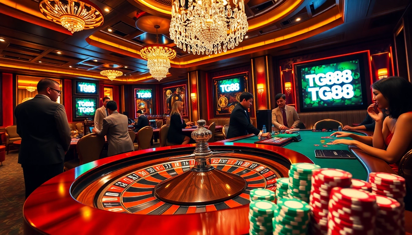 Players strategize their bets at the TG88 roulette wheel in a luxurious casino setting.