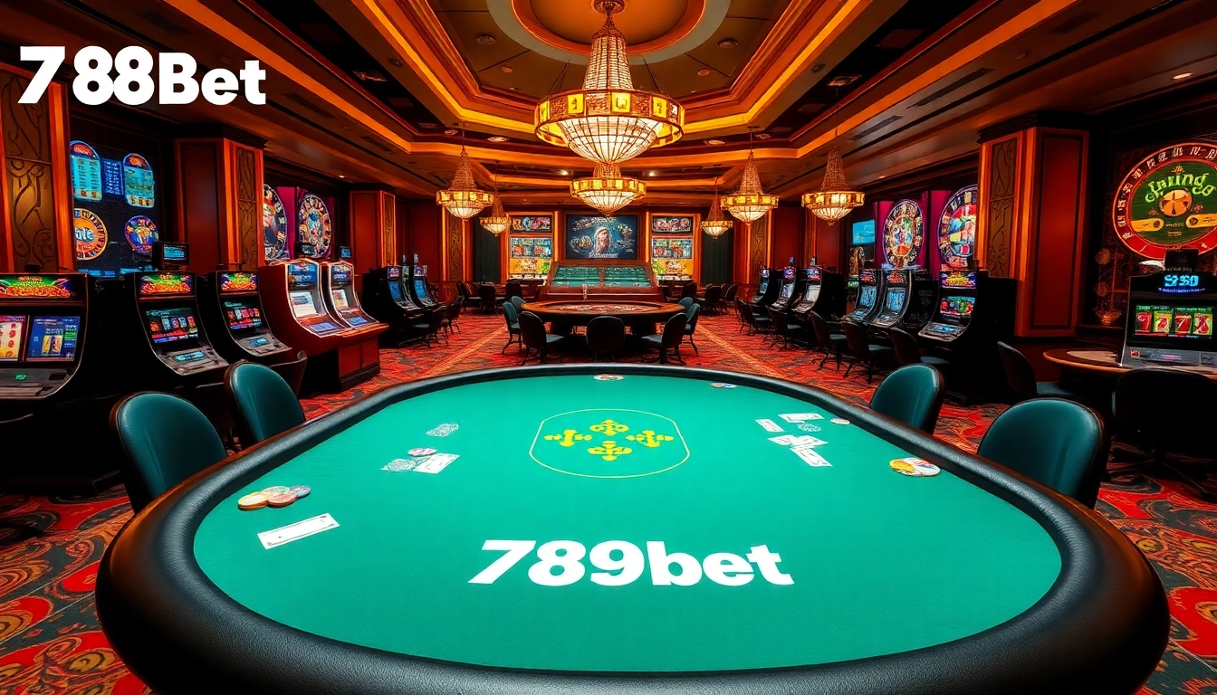 Engage in thrilling poker at 789bet's luxurious casino with vibrant slot machines and roulette.