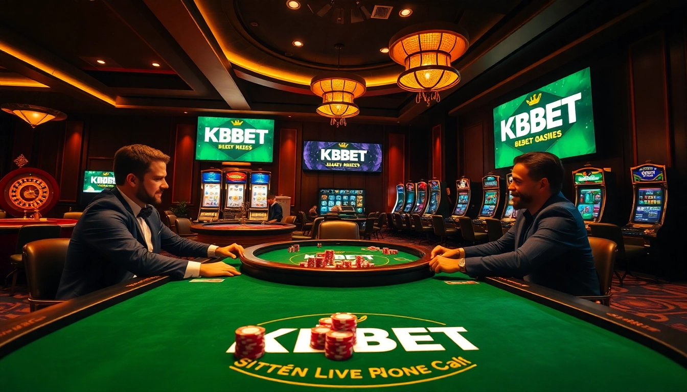 Exciting poker game at a casino featuring KBBET branding and vibrant betting elements.