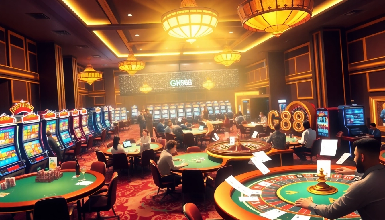 Engaging casino scene with players enjoying poker and slot machines featuring gk88 branding.