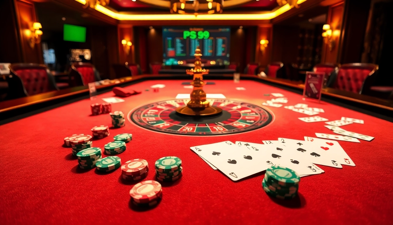 Experience the excitement of PS99 with vibrant casino visuals featuring a roulette table and poker chips.