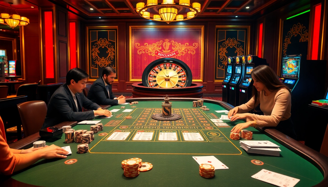 A thrilling casino scene showcasing kèo nhà cái betting strategies at a stylish gaming table.