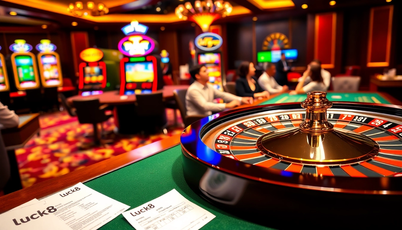 Experience thrilling gameplay at luck8 with a vibrant casino atmosphere featuring poker and roulette.