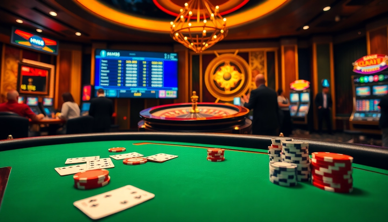 Exciting poker gameplay at MM88 casino, showcasing chips, cards, and a roulette wheel.