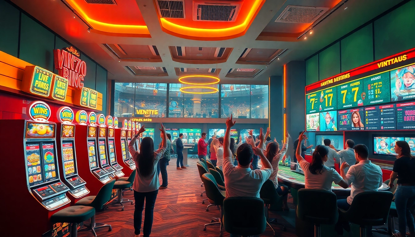 Online gaming excitement at vin777.gb.net featuring players at a vibrant casino table and slot machines.