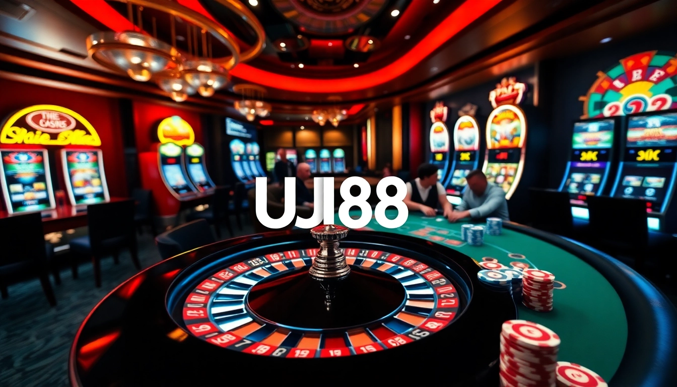 Experience thrilling gaming at UU88 with vibrant casino tables and roulette wheels.