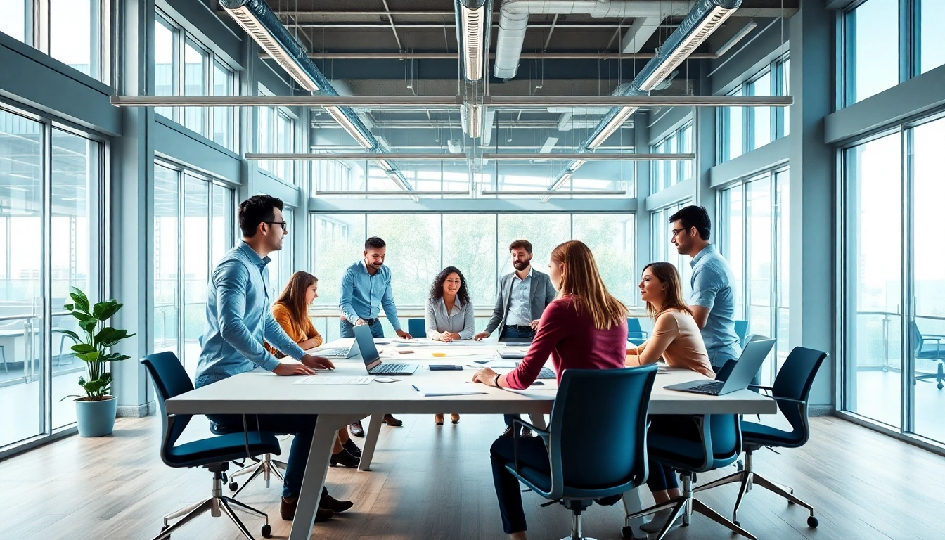 A digital marketing agency team collaborating in a vibrant workspace with diverse professionals.