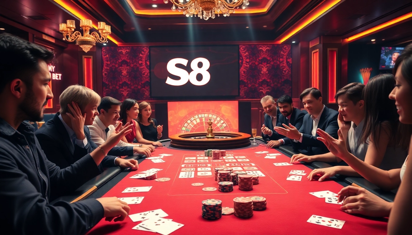 S8 casino scene with vibrant gaming table, cards, and excited players in a luxurious setting