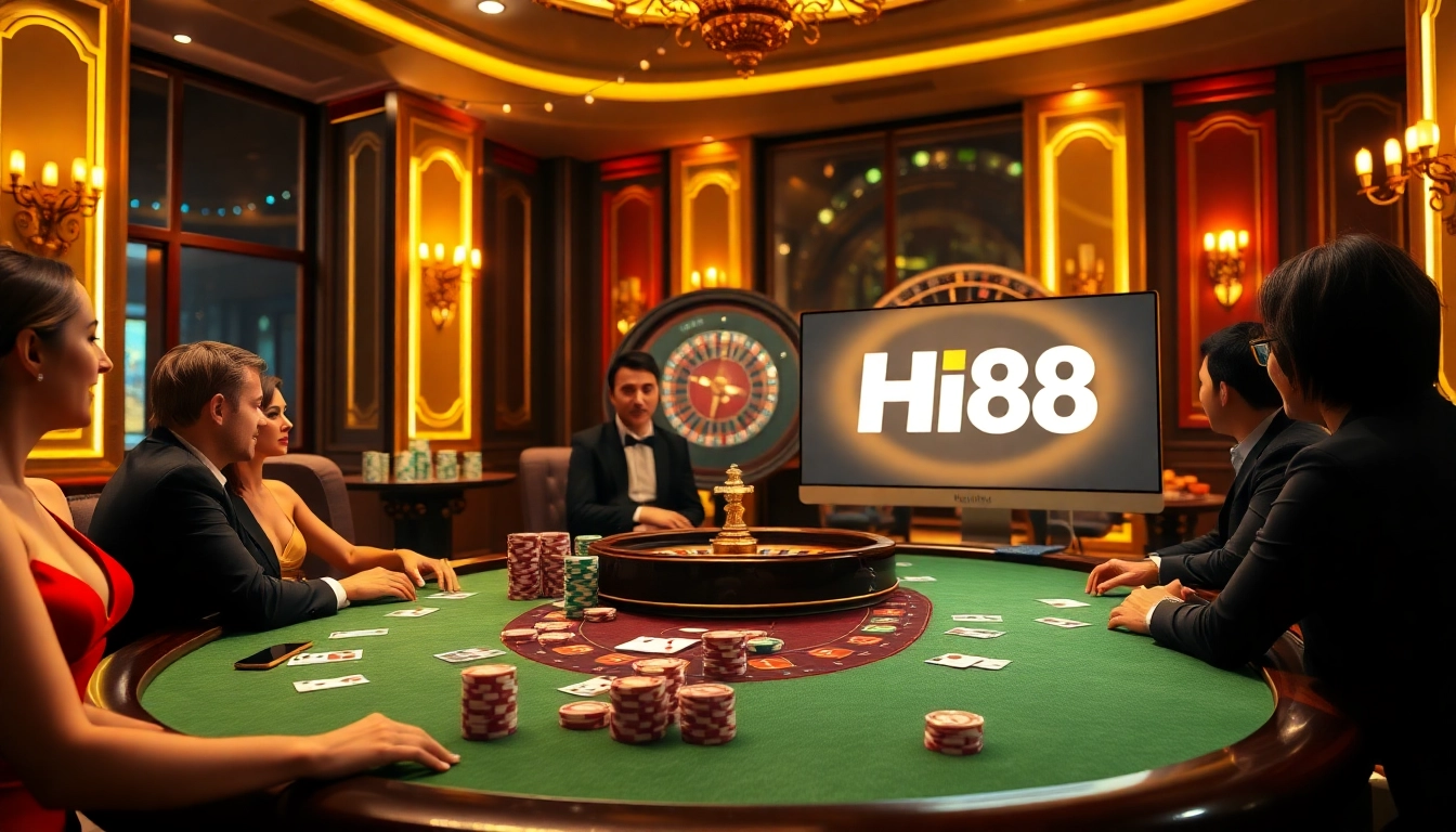 Experience the thrilling atmosphere of Hi88 with vibrant poker and roulette action at an online casino.