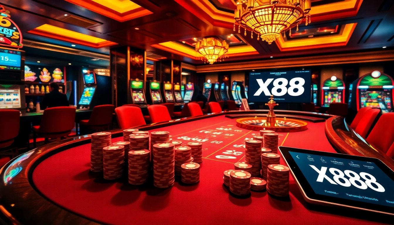 X88 gaming scene featuring a high-stakes poker table, vibrant chips, and an exciting roulette wheel.