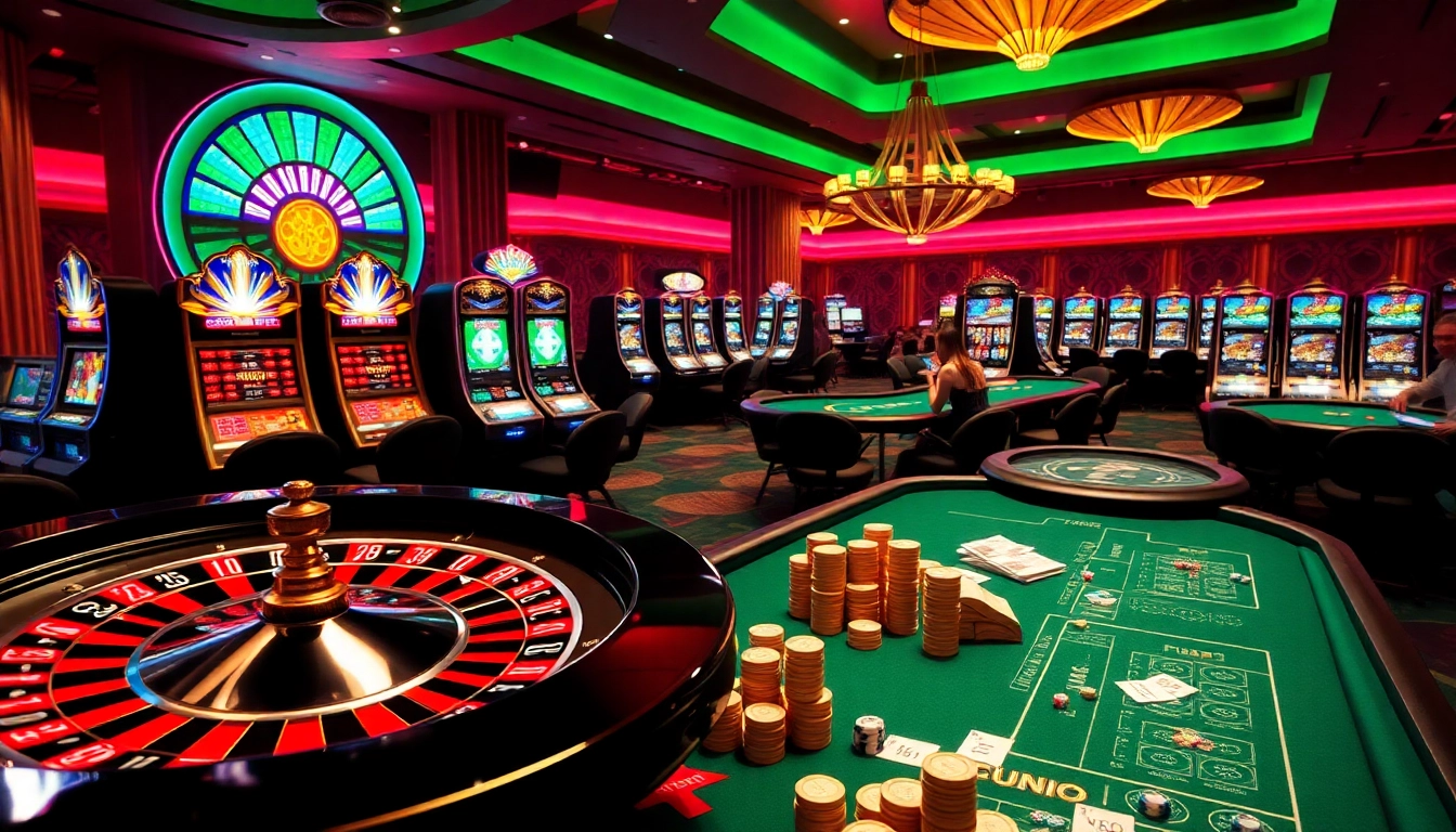 Kuwin online casino scene featuring vibrant slot machines and poker tables, enhancing the gambling experience.